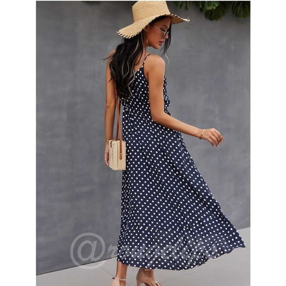 Navy Blue Polka Dot Midi Button Through Dress Flared V-Neck - Picture 5 of 9